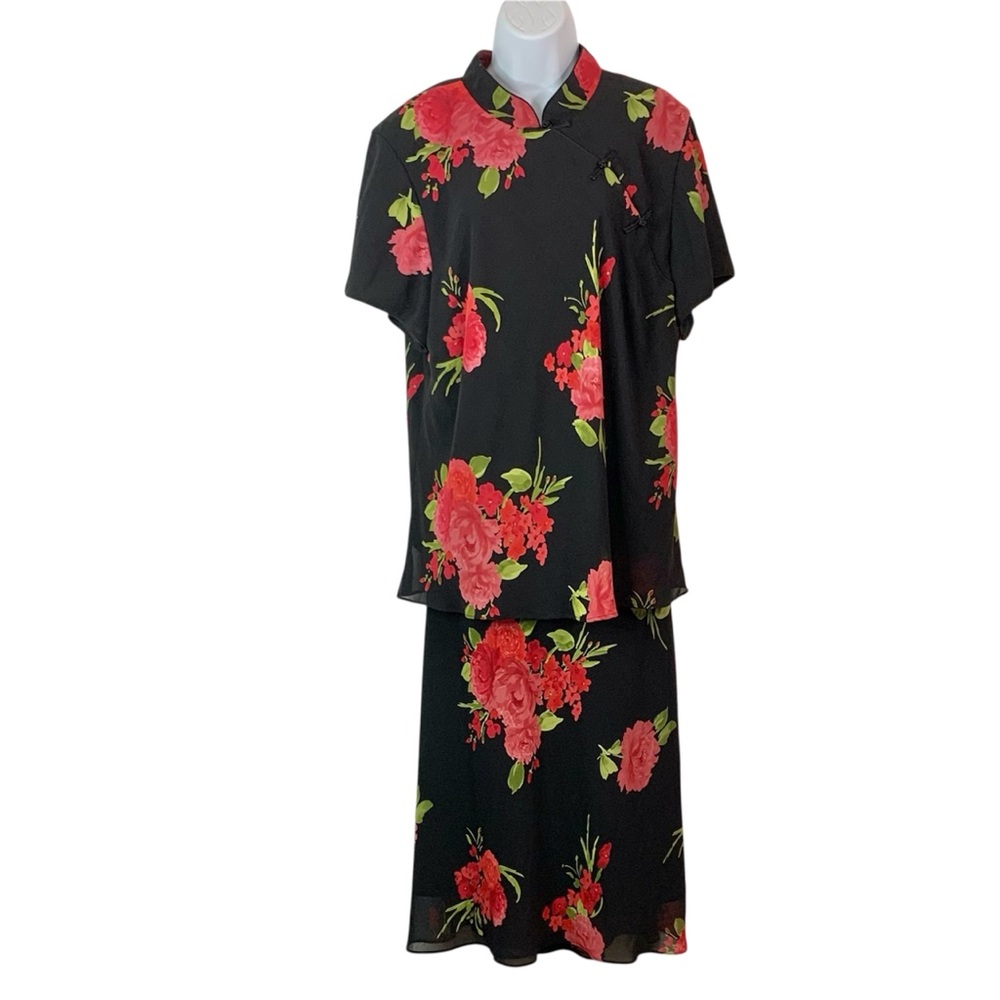 STUDIO I 2Pc Vintage Dark Floral Mandarin Collar Top & Skirt Set Sz 22W